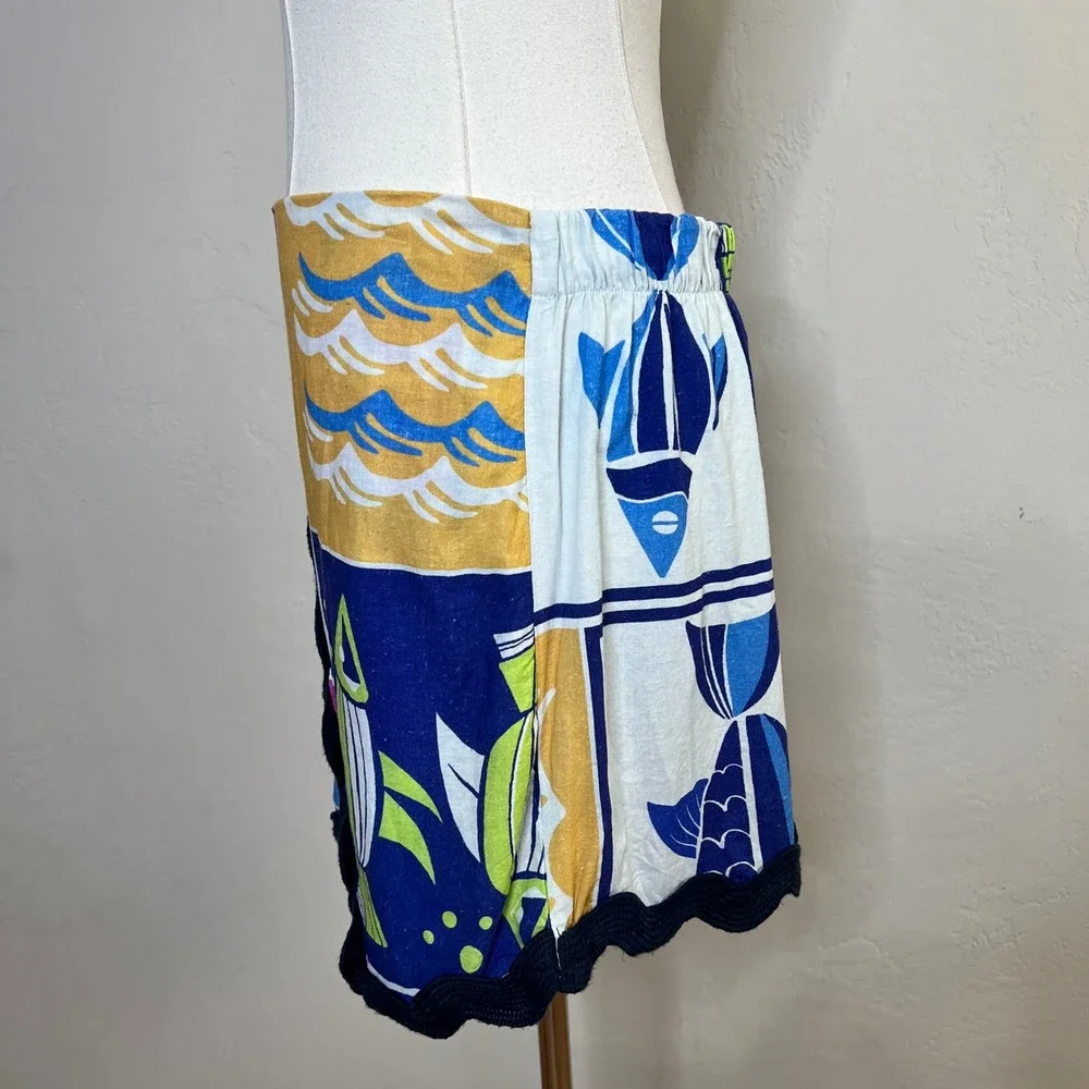 Anthropologie Celandine‎ Mini Skirt Fish Print XS Colorful Linen Blend Ric Rac